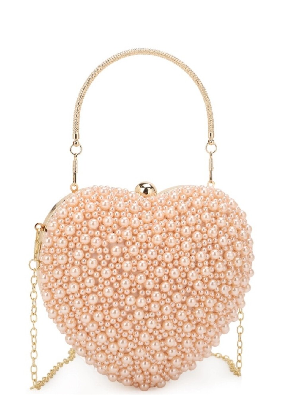 Pearl-Embellished Heart Handbag in Peach